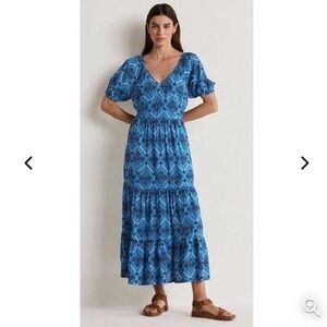 NWOT Boden V-Neck Tiered Midi Dress in Mosaic Blue Poppy Bloom, size 16/18R